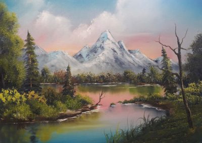 Mountain landscape painting with a serene lake, lush greenery, and snow-capped peaks.