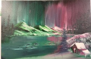 Oil painting of green hills by a lake under blended teal and purple tones